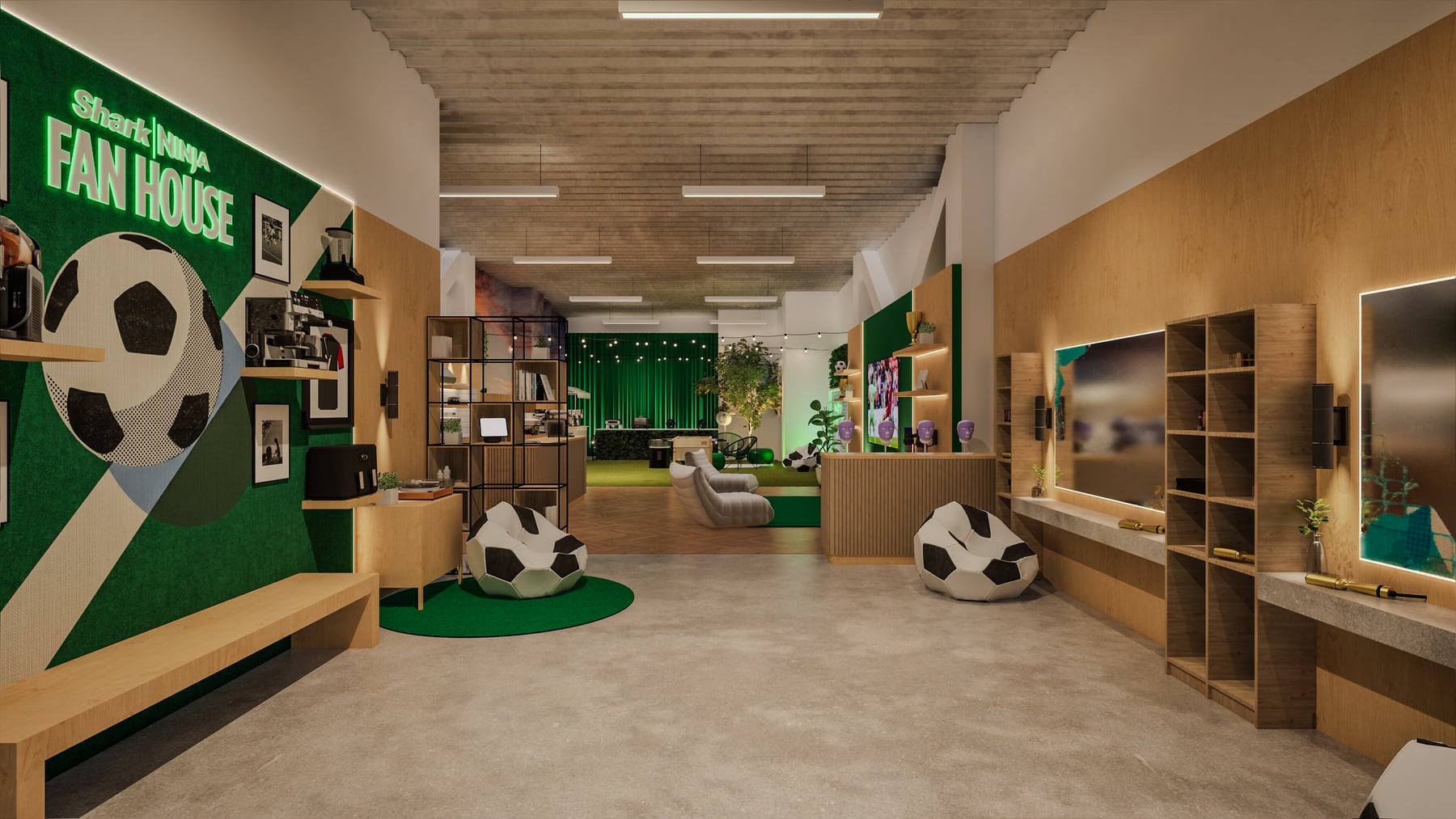 Long interior view with branded displays