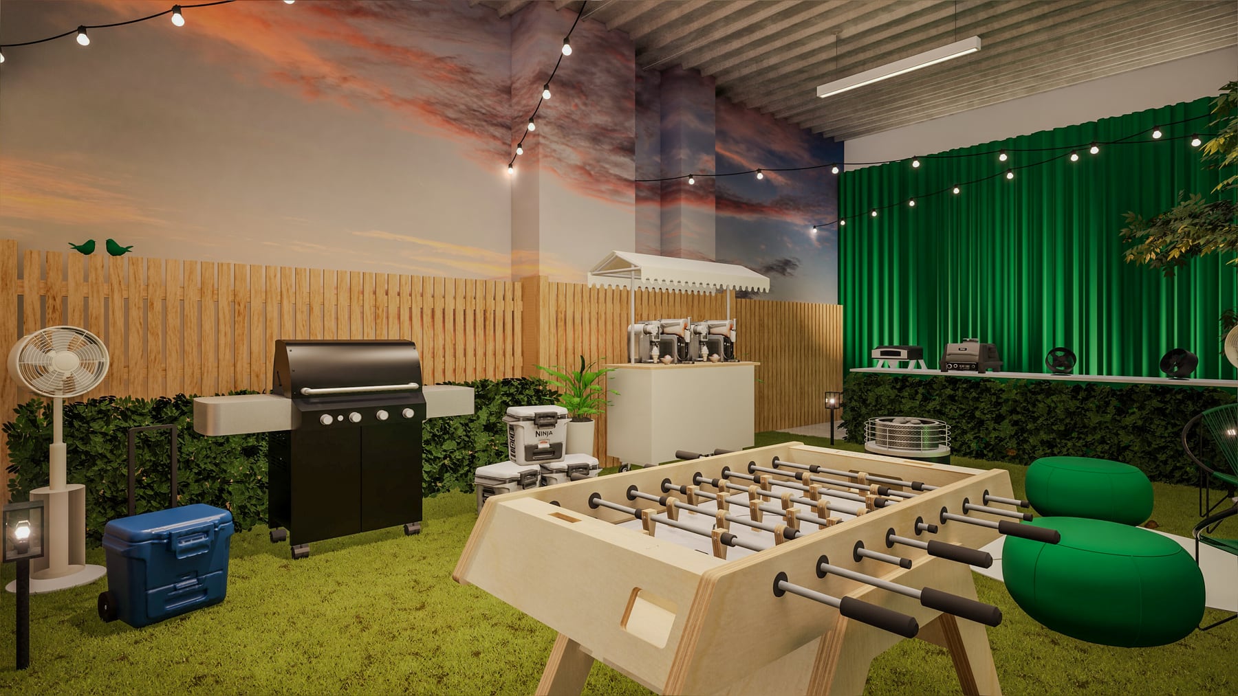 Interactive hospitality area with seating and activities